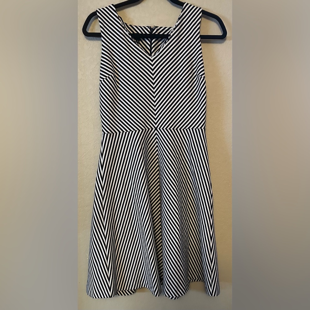 Talbots Womens A-Line Sleeveless V-Neck Black white Stripe dress, Size small
